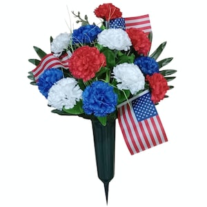 Voorgepot rood, wit en blauw anjermonument Graf Begraafplaats Sympathy 21&quot;H zijden bloemstuk volledig gemonteerd met plantenbak/aar #2248