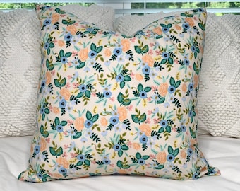 Rifle Paper Company Throw Pillow COVER 20"x20" / Floral Pillow Cover with zipper / Les Leurs Birch Blush