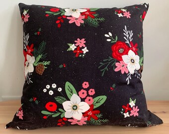 Riley Blake Throw Pillow with Zipper  COVER 20"x20" / Floral Pillow Cover with zipper / Christmas Pillow / Holly Holiday
