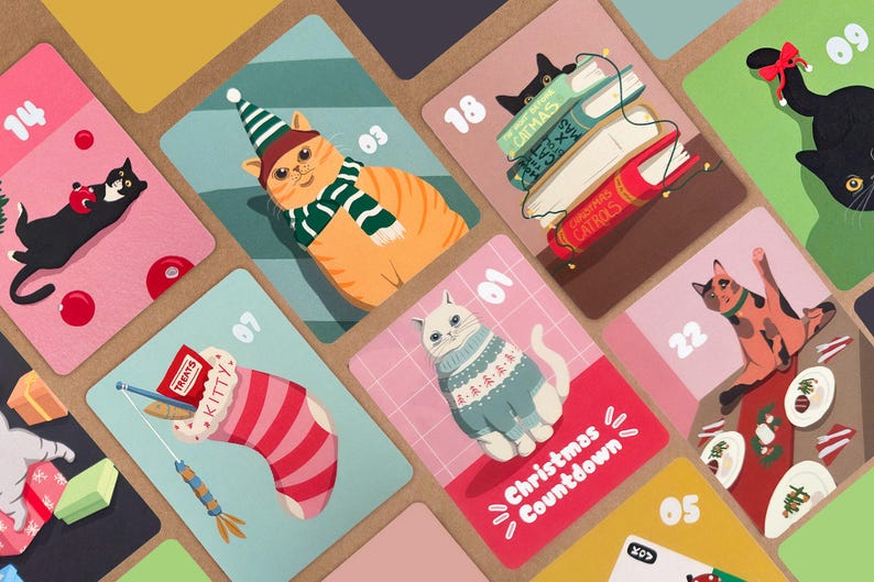 May include: A Christmas countdown advent calendar features illustrated cards with adorable cats in various holiday settings. Each card displays a unique cat design and a corresponding day number (01-25).  The illustrations include cats wearing sweaters, surrounded by presents, reading books, and enjoying festive treats. The color palette is predominantly pastel pinks, greens, and oranges, creating a cheerful and whimsical aesthetic.  The cards are designed for a Christmas countdown, adding a festive touch to the holiday season.