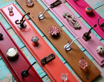Storage knob Displays in Pinks, Red, Coral, and Shabby Chic Wood