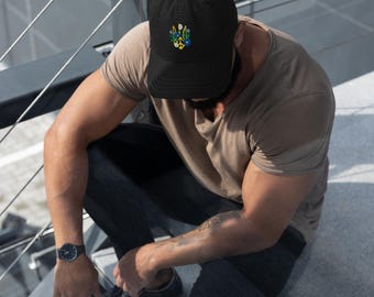 Distressed Dad Hat with Ukrainian Trident | Vintage-Style Unstructured Baseball Cap