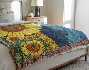 Ukrainian Sunflower Woven Blanket | Folk Art Cotton Throw | Symbol Of Peace & Heritage