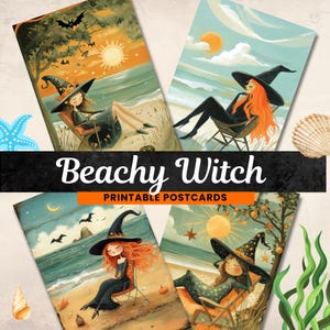 Cartes postales imprimables La sorcière sur une plage, 4 modèles inclus, ambiance de sorcière fantaisiste, éphémères imprimables, 10 x 15 cm