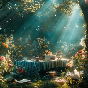 Enchanted Garden Wall Art, Mystical Tea Party Print, Whimsical Nature Scene Poster, Fairy Tale Digital Artwork, Instant Download Decor