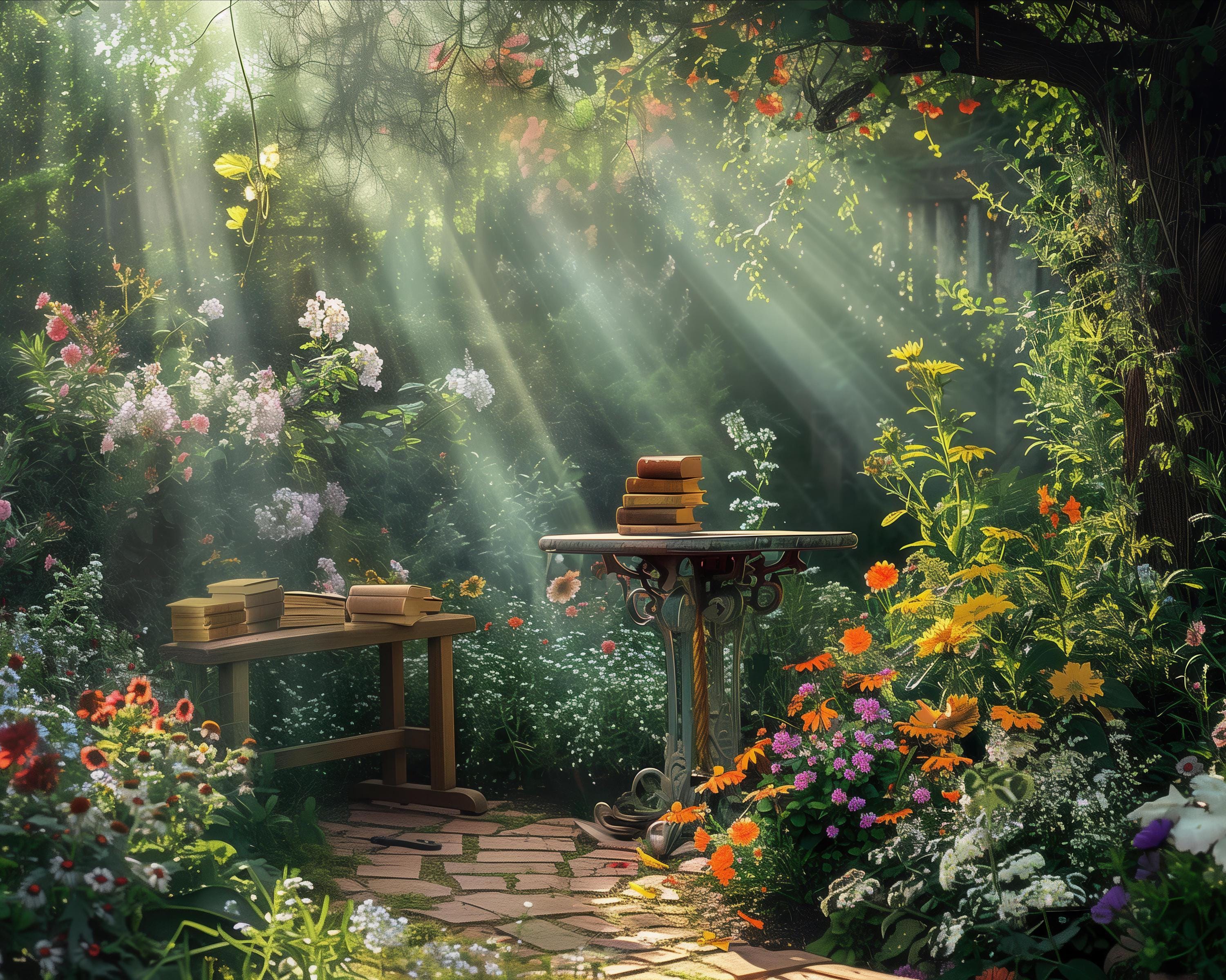 Secret Garden Art Print, Sunlit Reading Nook, Floral Cottage Decor ...