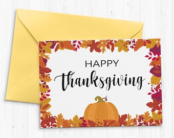 Happy Thanksgiving printable greeting card, Thankful For You Card, leaves Pumpkin and Fall Digital and Instant Download PDF