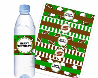 May include: Printable water bottle labels featuring a football theme. The labels are brown, green, and white with footballs, helmets, and the text "Happy Birthday".