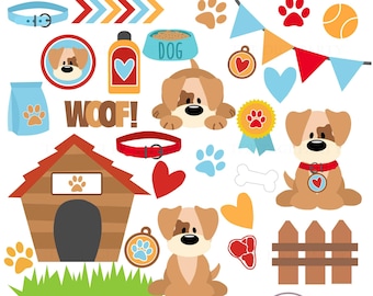 May include: A set of digital clipart images featuring a brown and white puppy dog, a dog house, a bone, a collar, a bowl, a bag of dog food, a paw print, a heart, a fence, a banner, and the word "Woof!" in red letters.