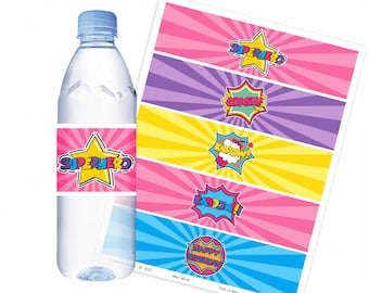 super hero water bottle label for girls, printables, superhero birthday party decoration wrappers