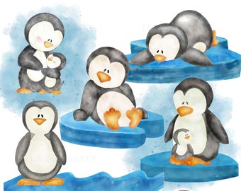 Watercolor Penguin Clipart, Artic Animals Theme for Birthday Party Decoration and Cards, commercial use