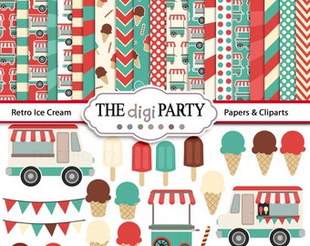 Retro Ice cream digital paper and clipart, truck printables, background pattern, retro party scrapbook and card making, commercial use
