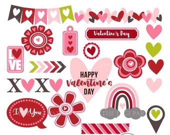 May include: A set of Valentine's Day digital clipart featuring hearts, flowers, arrows, banners, and a rainbow. The clipart is in red, pink, green, and gray colors.