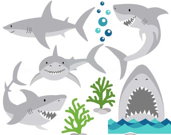 Shark Clipart, Ocean Animals Theme for Birthday Party Decoration and Cards, commercial use