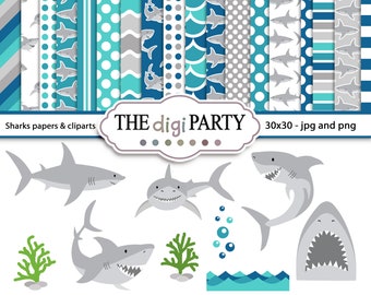 Pack de Papeles e imagenes digitales de tiburones cliparts de animales del océano para fiestas de cumpleaños