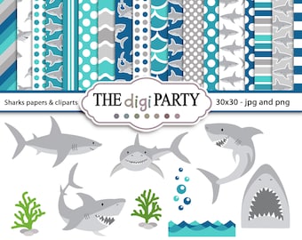 Shark digital Papers and cliparts pack, ocean animals theme for Birthday Party, under the sea images, Baby Shower invitations