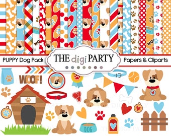 Puppy dog digital Papers and cliparts full pack, Pet, bone and paw pattern for scrapbook and card making