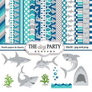 May include: A set of 16 digital papers and clipart featuring sharks, waves, and ocean-themed patterns in shades of blue, gray, and white. The papers are 30x30 inches and are available in JPG and PNG formats. The text "THE digi PARTY" is included in the image.