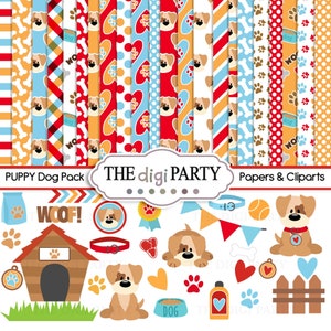 Puppy dog digital Papers and cliparts full pack, Pet, bone and paw pattern for scrapbook and card making image 1