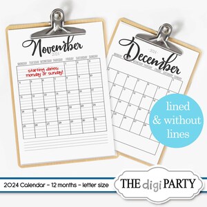 Puede incluir: Calendario imprimible para noviembre y diciembre de 2024. Los calendarios están en un portapapeles con un fondo de madera. El texto "starting dates: monday or sunday!" está escrito en rojo en el calendario de noviembre.