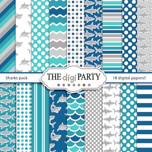 Shark digital paper pack, ocean animals background, under the sea, for Birthday Party or Baby Shower invitations, background pattern