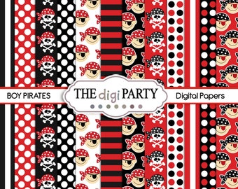 Pirate digital paper background pattern, red and black scrapbook printable papers, commercial use licence available for instant download