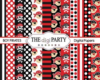 Papel digital de Piratas, fondos y patrones en rojo y negro para decoración de fiestas de cumpleaños, hojas para scrapbooking