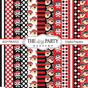 Piraten digitaal papier, rode en zwarte achtergronden en patronen voor verjaardagsfeestjedecoratie, scrapbookingbladen