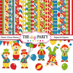 Pack de papeles digitales y cliparts de payasos, tema de circo o carnaval para tarjetería disponibles para descarga instantánea
