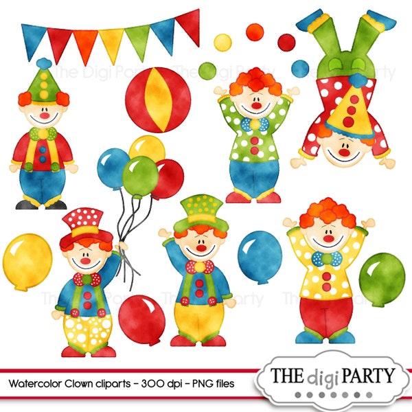 Aquarelle Circus Clowns Clipart, Imprimables pour les enseignants et l’artisanat, utilisation commerciale