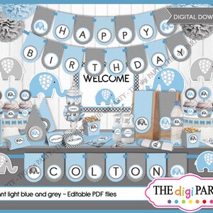 Elephant Baby Shower decoration, blue and gray printable birthday party, editable and printable, baby boy decor