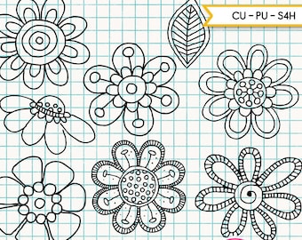 Imágenes Prediseñadas de Flores y Hojas en Garabatos hechos a mano de uso comercial