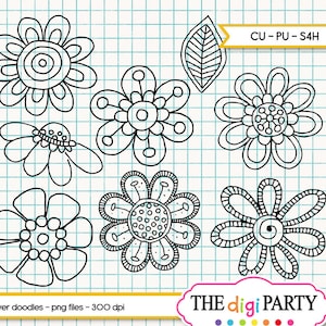 Blumen und Blätter Clipart in handgefertigten Doodles für den kommerziellen Gebrauch