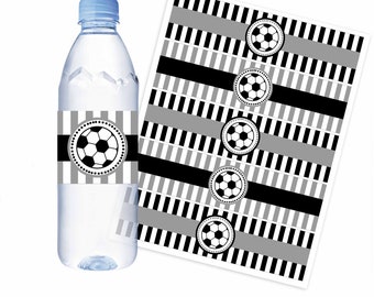 Etiqueta de botellas de fútbol en gris y negro imprimible, liga de fútbol, decoraciones de fiesta para él