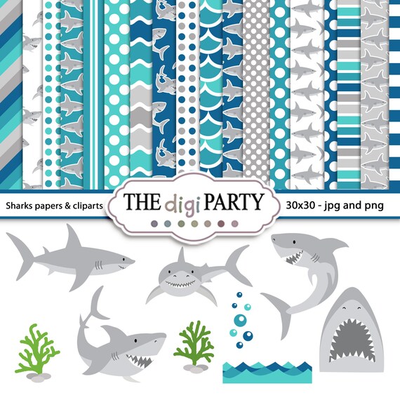 Shark digital Papers and cliparts pack, ocean animals theme for Birthday Party, under the sea images, Baby Shower invitations Il_570xn