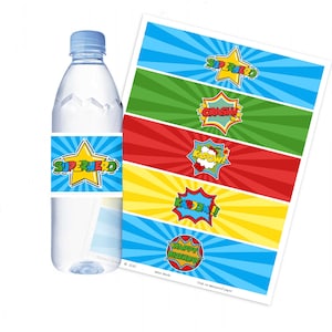 Superhelden-Wasserflaschenetiketten, Verpackungen, Superhelden-Ausdrucke, Kindergeburtstagsparty-Dekorationen