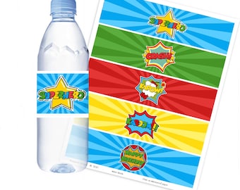 super hero water bottle label, wrappers, superhero printable, birthday party decoration for boys