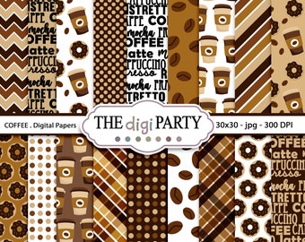 Coffee Digital Paper Set, Coffee beans Patterns, Brown Printable Scrapbooking Papers, Instant Digital Download