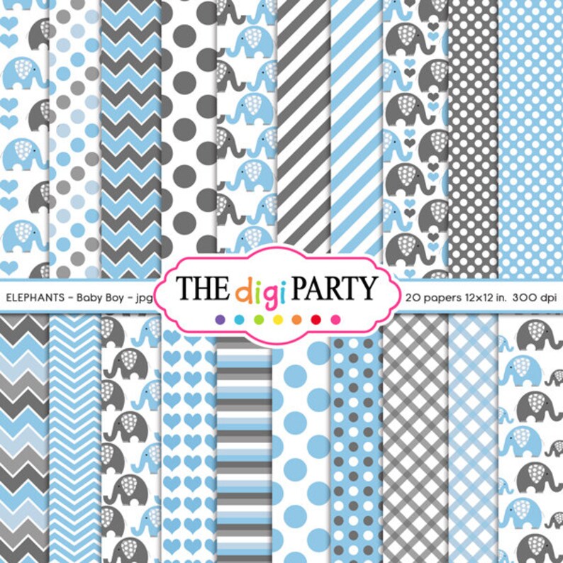 Elephant Baby Boy Blue and Gray Digital Paper Pattern for Scrapbook ...