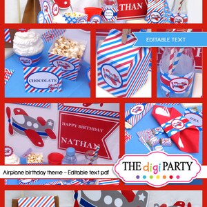 Puede incluir: Decoraciones para fiesta de cumplea&ntilde;os con tem&aacute;tica de avi&oacute;n en colores rojo, blanco y azul. Las decoraciones incluyen letreros, pancartas, envoltorios para cupcakes, cajas de regalo, etiquetas para botellas de agua y una servilleta. El texto en los letreros incluye "Ahora abordando", "Bienvenido a bordo", "Reclamaci&oacute;n de equipaje", "Feliz cumplea&ntilde;os" y "Gracias".