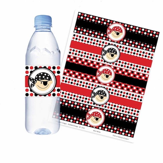 pirate water bottle labels printable wrappers, birthday party decoration in red and black instant download Il_570xn