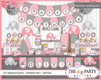 Elephant girl Baby Shower birthday party printable, pink grey polka dot, invitation Package gray