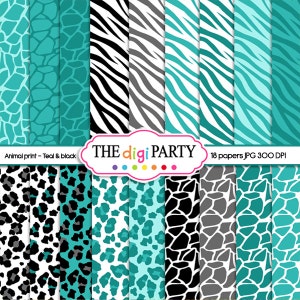 May include: A collection of digital papers with animal print patterns in teal and black. The patterns include zebra stripes, leopard spots, and giraffe-like designs. The text "THE digi PARTY" is displayed on a white banner.