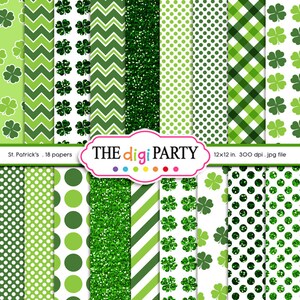 St Patrick&#39;s Day Digital Papers, Irish Digital Paper, Printable Shamrock Patterns, glitter, commercial use