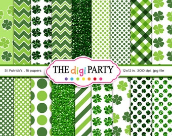 St Patrick's Day Digital Papers, Irish Digital Paper, Printable Shamrock Patterns, glitter, commercial use
