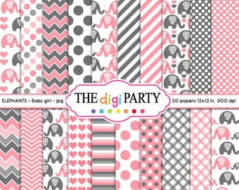 Papel Digital de elefante rosa para niña, fondos colores rosa y gris para baby shower o fiesta de cumpleaños, uso comercial
