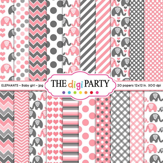 Baby Girl Elephant Digital Papers Pink and Gray Background - Etsy