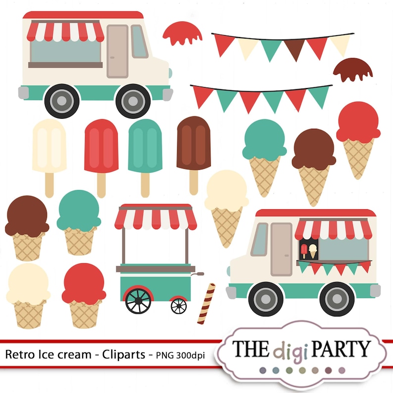 May include: Retro ice cream clip art set featuring a vintage ice cream truck, a cart, a stand, ice cream cones, popsicles, and flags. The clip art is in a cartoon style with bright colors.