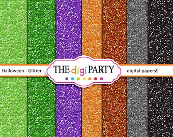 Papeles digitales de Halloween, fondos brillantes con glitter, texturas en colores naranja verde violeta y negro para hacer manualidades