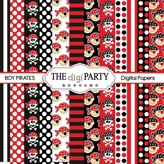 Pirate digital paper background pattern, red and black scrapbook printable papers, commercial use licence available for instant download Il_570xn